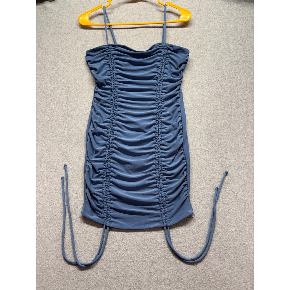 Iris Blue Ruched Bodycon Mini Dress Adjustable Straps Size M ID4991